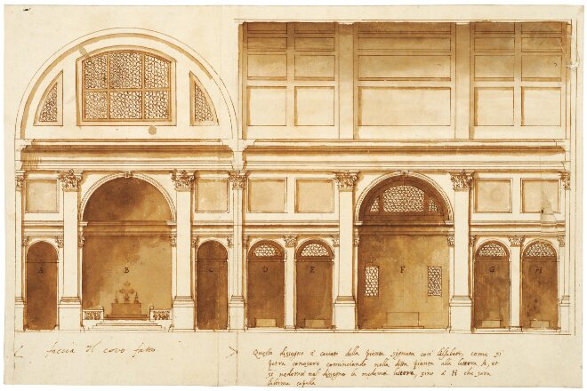 Unknown location (Rome?): project for the interior of a church, transversal (left) and longitudinal (right) elevation