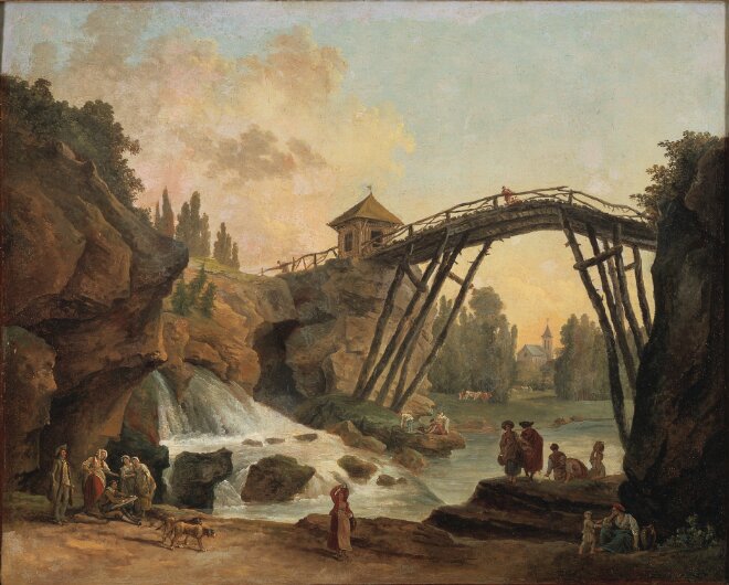 View of the Grotto and the Rustic Bridge in the Landscape Garden at Méréville