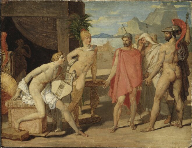 Akilles mottager i sitt tält Agamemnons sändebud