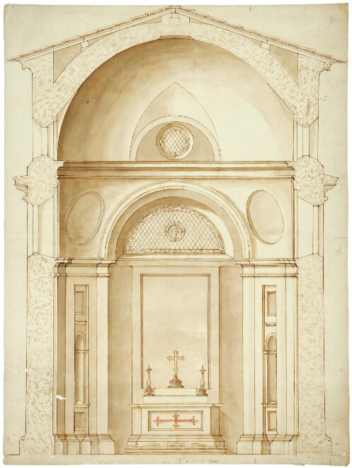 Rome: Santa Prassede, project for the Olgiati Chapel, cross-section towards the altar, 1583