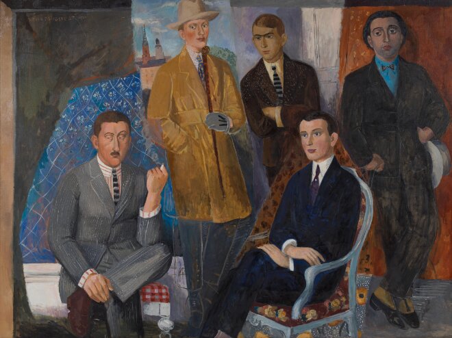 Fem konstnärer: Leander Engström (1886–1927), Einar Jolin (1890–1976), Otte Sköld (1894–1958), Nils Dardel (1888–1943),
Isaac Grünewald (1889–1946), 1920