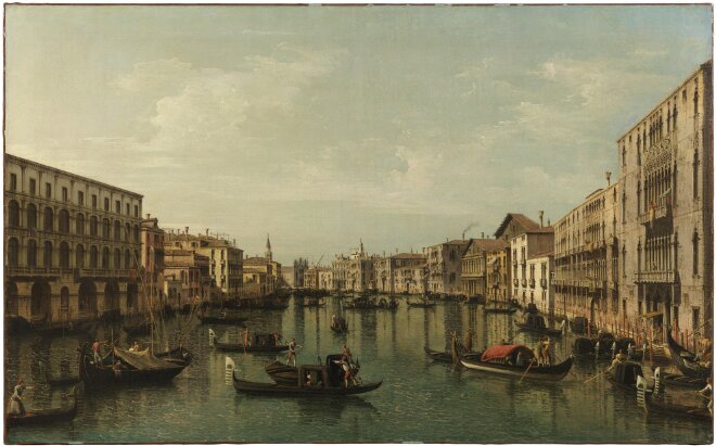 Vy över Canal Grande med Palazzo Foscari och Palazzo Moro Lin